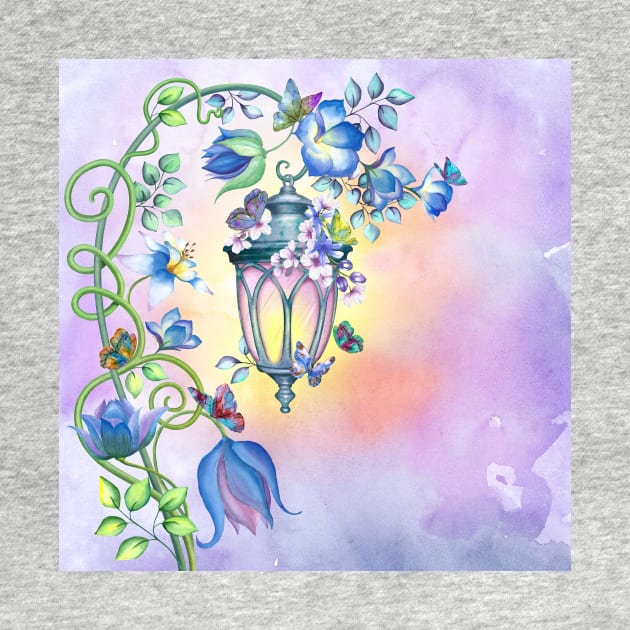 Magic streetlight with flowers and butterflies decoration. Fairy spring garden watercolor illustration. Colorful romantic scenery by likapix